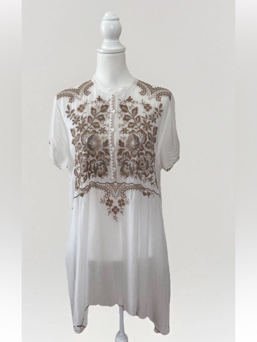 Johnny Was Britta Floral Eyelet Embroidered Tunic Top Size M White & Brown